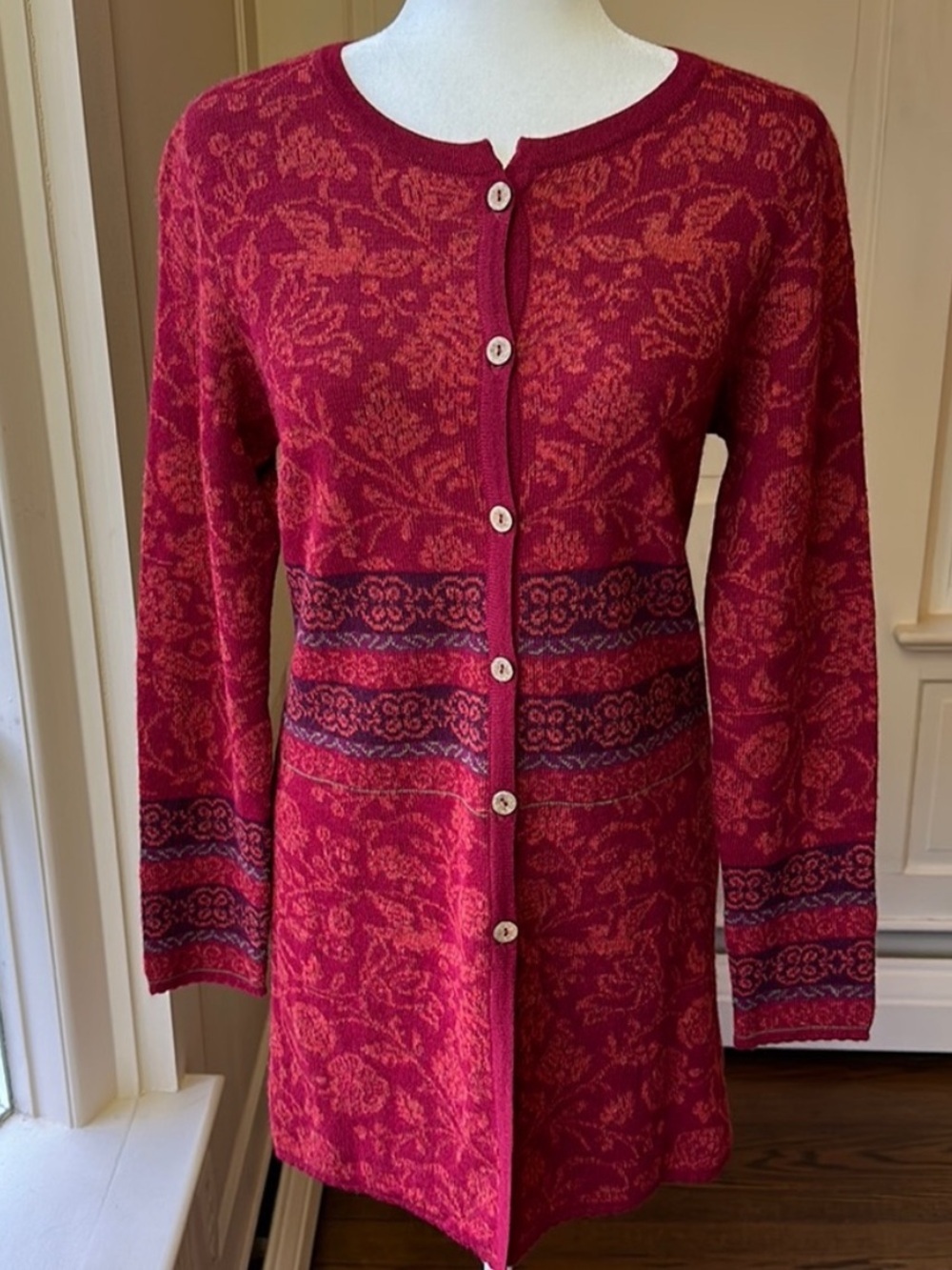 Novica 100% Baby Alpaca Red Floral Button Front Long Knit Cardigan sz M Boho